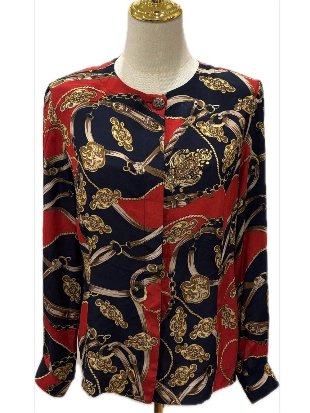 Stephanie Andrews Vintage 100% Silk Red/Black/Gold Button Up Blouse  S